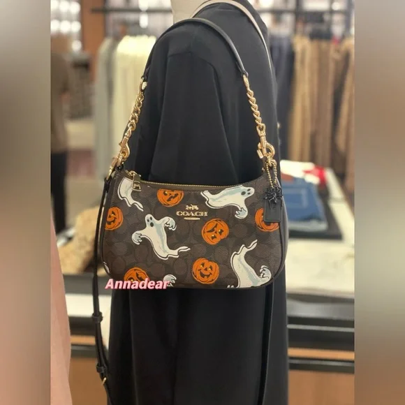 NWT Coach Teri Shoulder Bag In Signature Canvas Pumpkin Halloween Print CCE71 - Picture 13 of 15